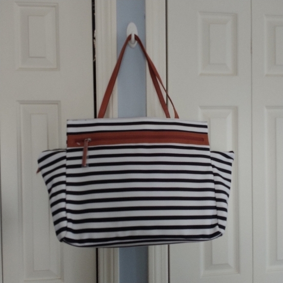DSW Large Black White Stripe Weekender Travel Tote Bag - Picture 7 of 10